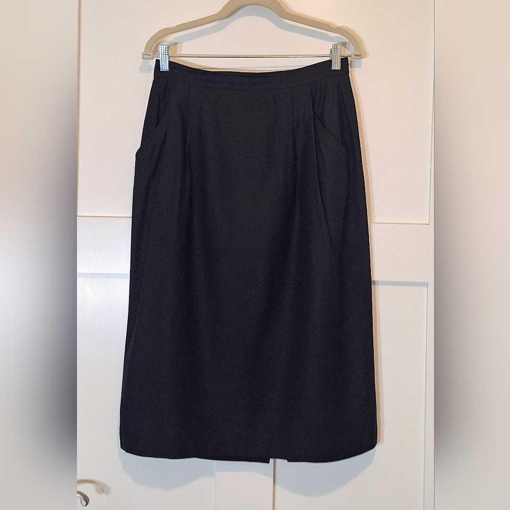 Talbots Silk 100% Vintage Black Midi Skirt Pockets Pleated Rear Slit Sz 12
